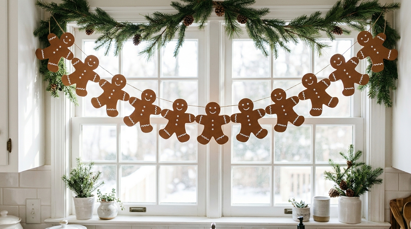 Craft foam gingerbread men garland across a kitchen window