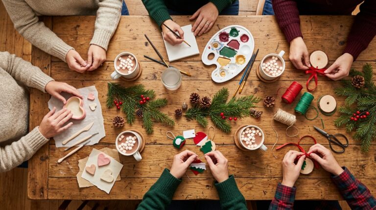 Craft night ideas for adults with clay heart dishes, cocoa and ornaments on a farmhouse table