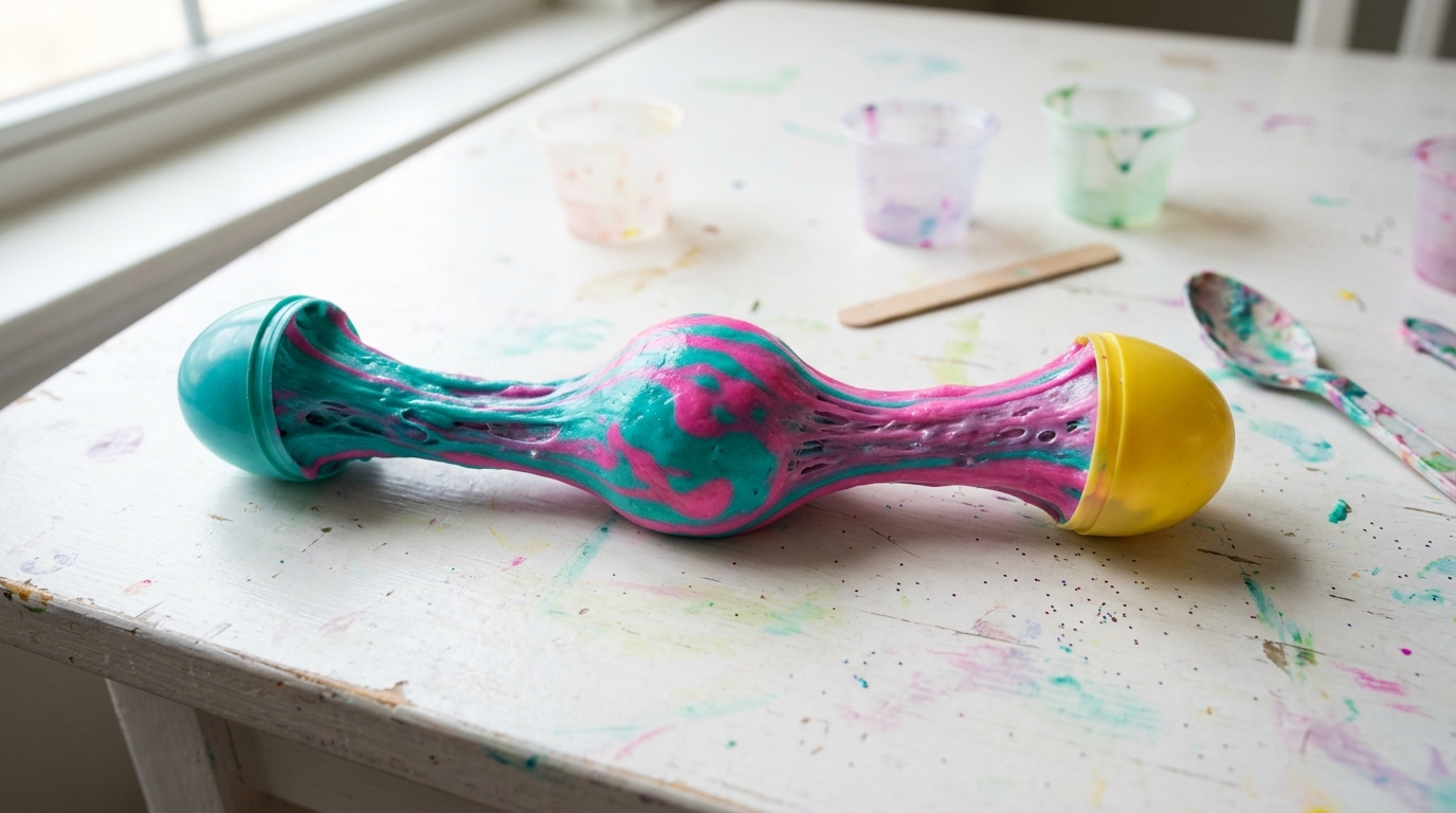 Teal and pink bouncing putty stretched between two plastic eggs