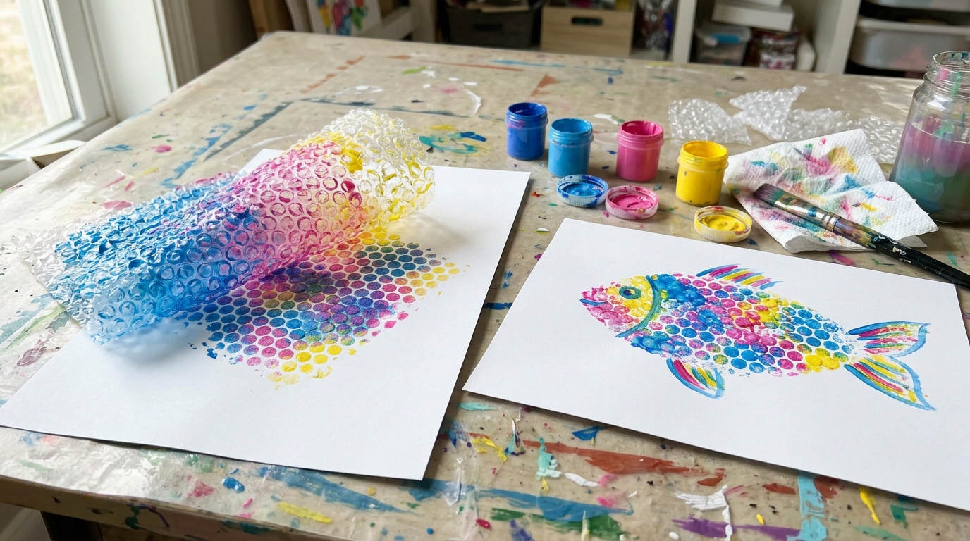 Bubble wrap print art made with craft supplies invented by accident