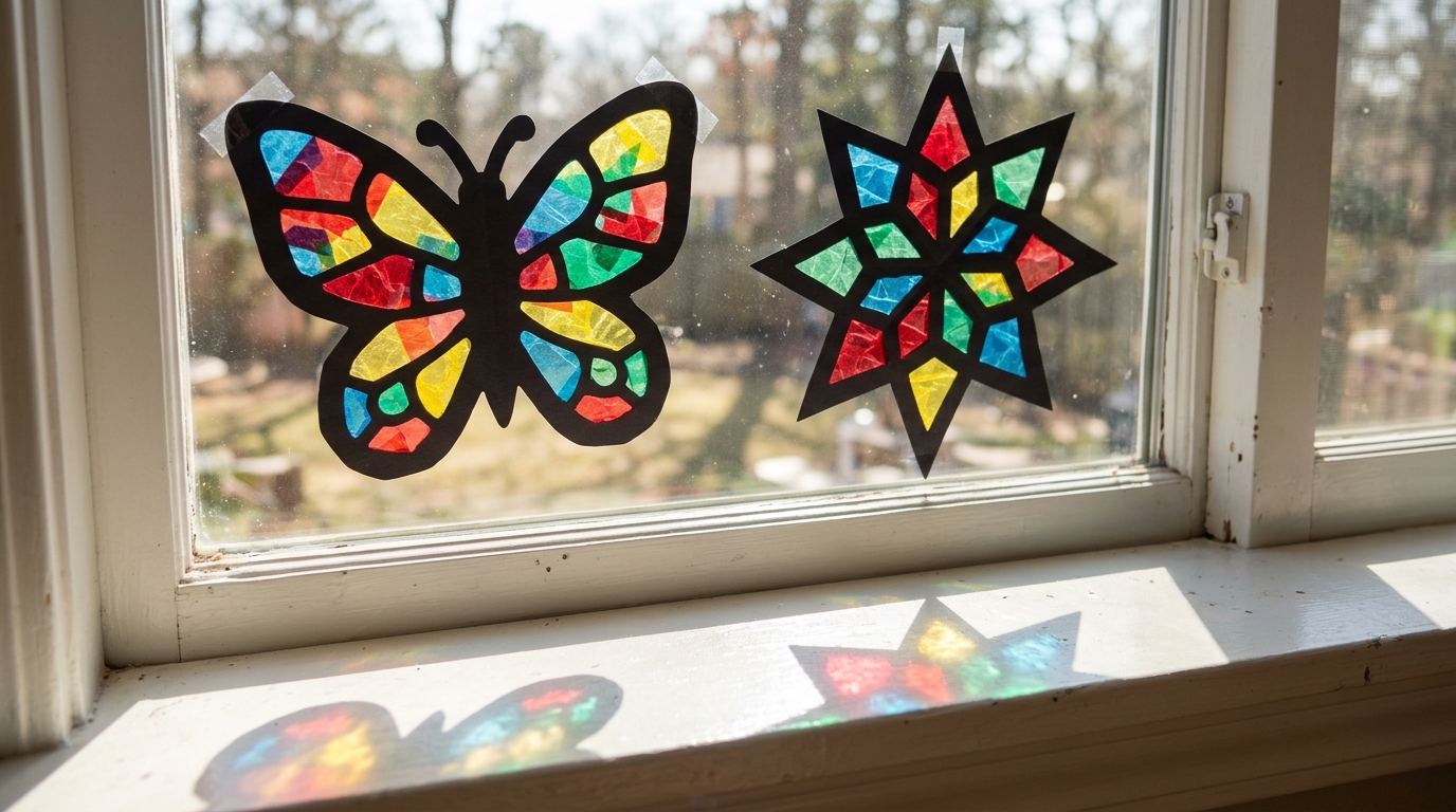 Colored cellophane butterfly and star suncatchers in a sunny window