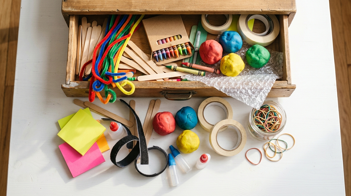Craft supplies invented by accident spilling from a wooden drawer: glue, tape, sticky notes, crayons, clay and bubble wrap