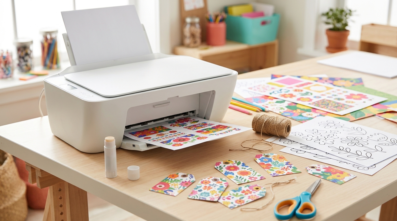 Home inkjet printer printing colorful gift tags and coloring pages