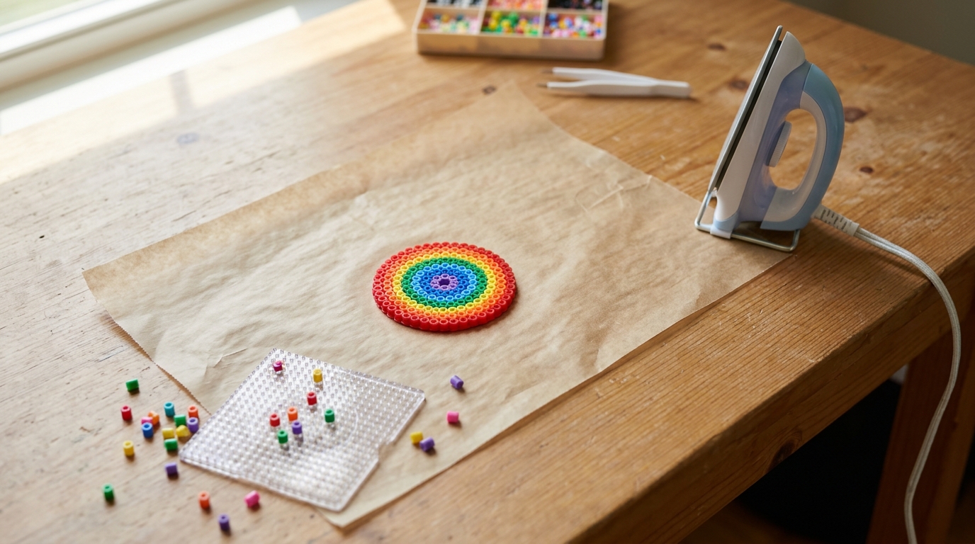 Nonstick craft sheet with a rainbow fused bead coaster and a craft iron