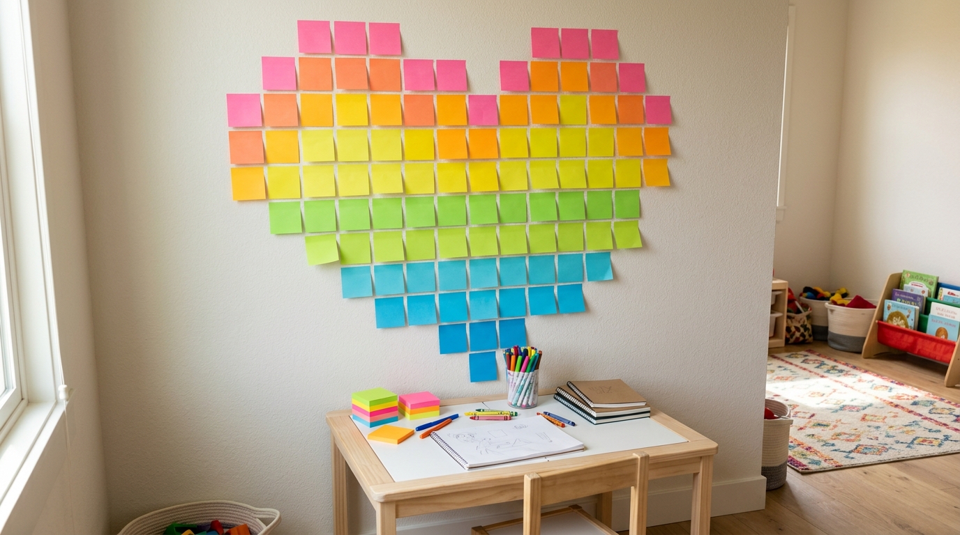 Sticky note rainbow heart, one of the craft supplies invented by accident