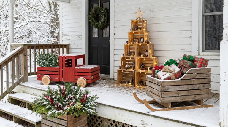Wooden crate Christmas decor on a snowy porch with a red crate truck, a crate tree, a crate sleigh and a crate planter