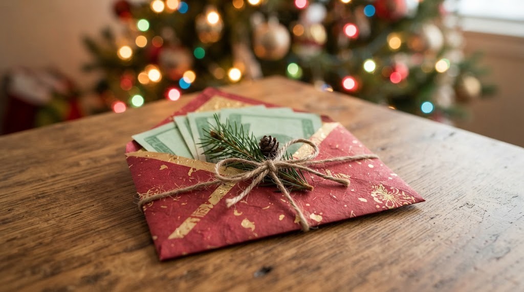 Creative money gifts: a folded red and gold paper envelope with green bills peeking out, tied with twine and pine