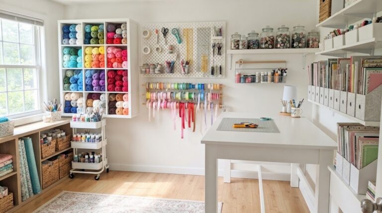 Craft room organization ideas in one room: yarn cubbies, a pegboard, jars of buttons, a rolling cart and a ribbon rack