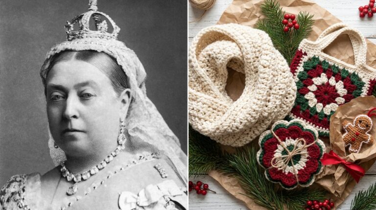 Crochet Christmas gifts with Queen Victoria and a flat lay of a cream cowl, tote and coasters