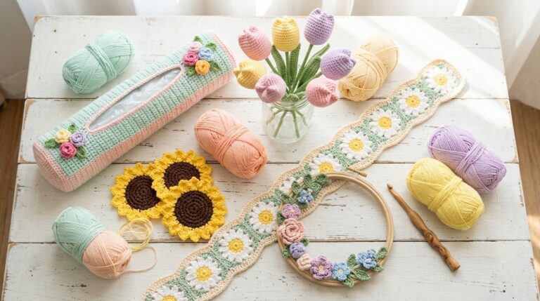 Crochet flower ideas flat lay with a rose trimmed bag holder, a jar of crochet tulips, sunflower coasters, a daisy runner and a flower hoop wreath