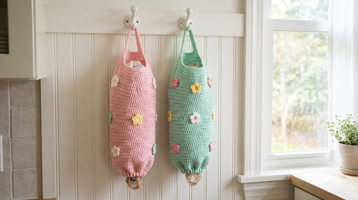Crochet home decor bag holders in pink and mint with small crochet flowers on a kitchen wall