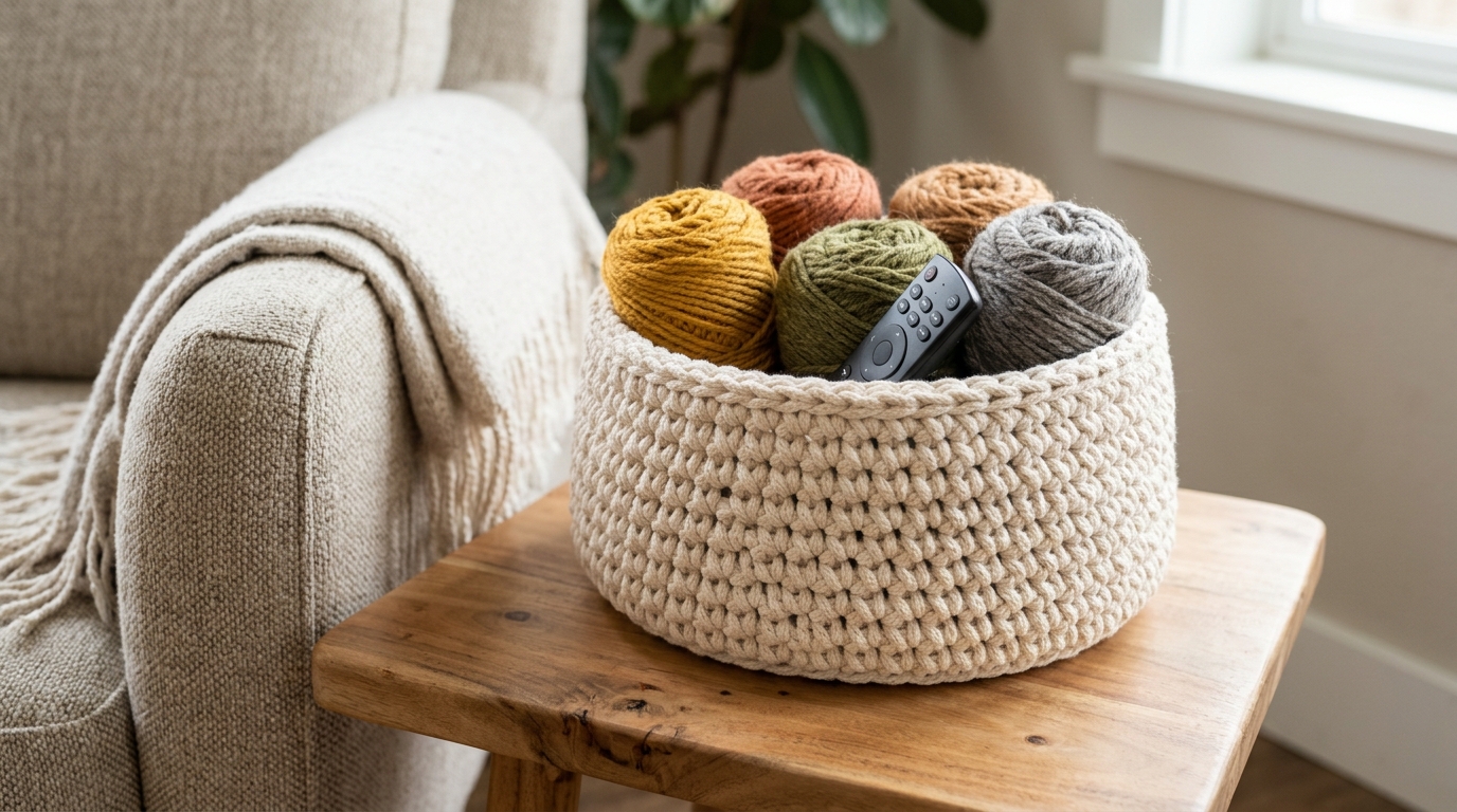 Crochet home decor basket made of chunky cream cotton cord holding yarn balls next to an armchair