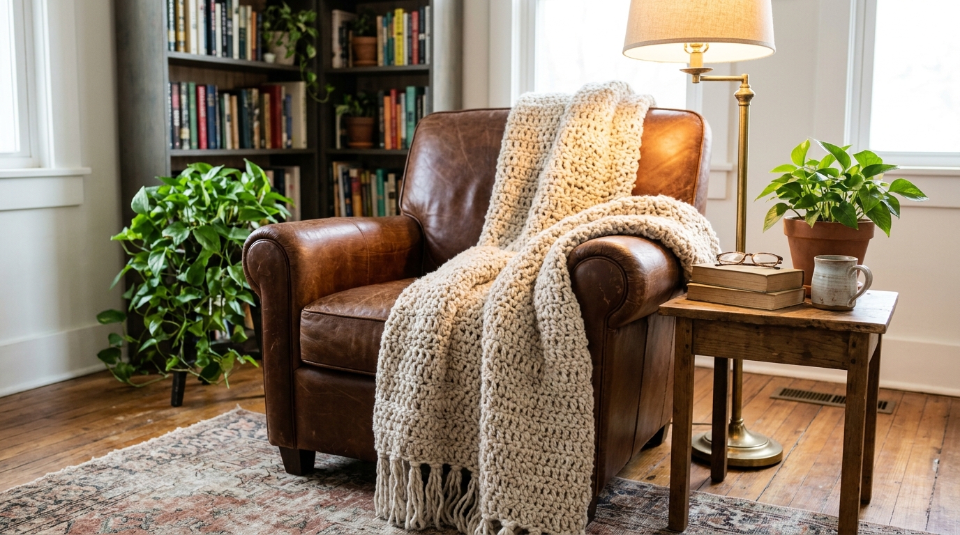 Chunky oatmeal crochet throw blanket draped over a leather armchair in a cozy corner
