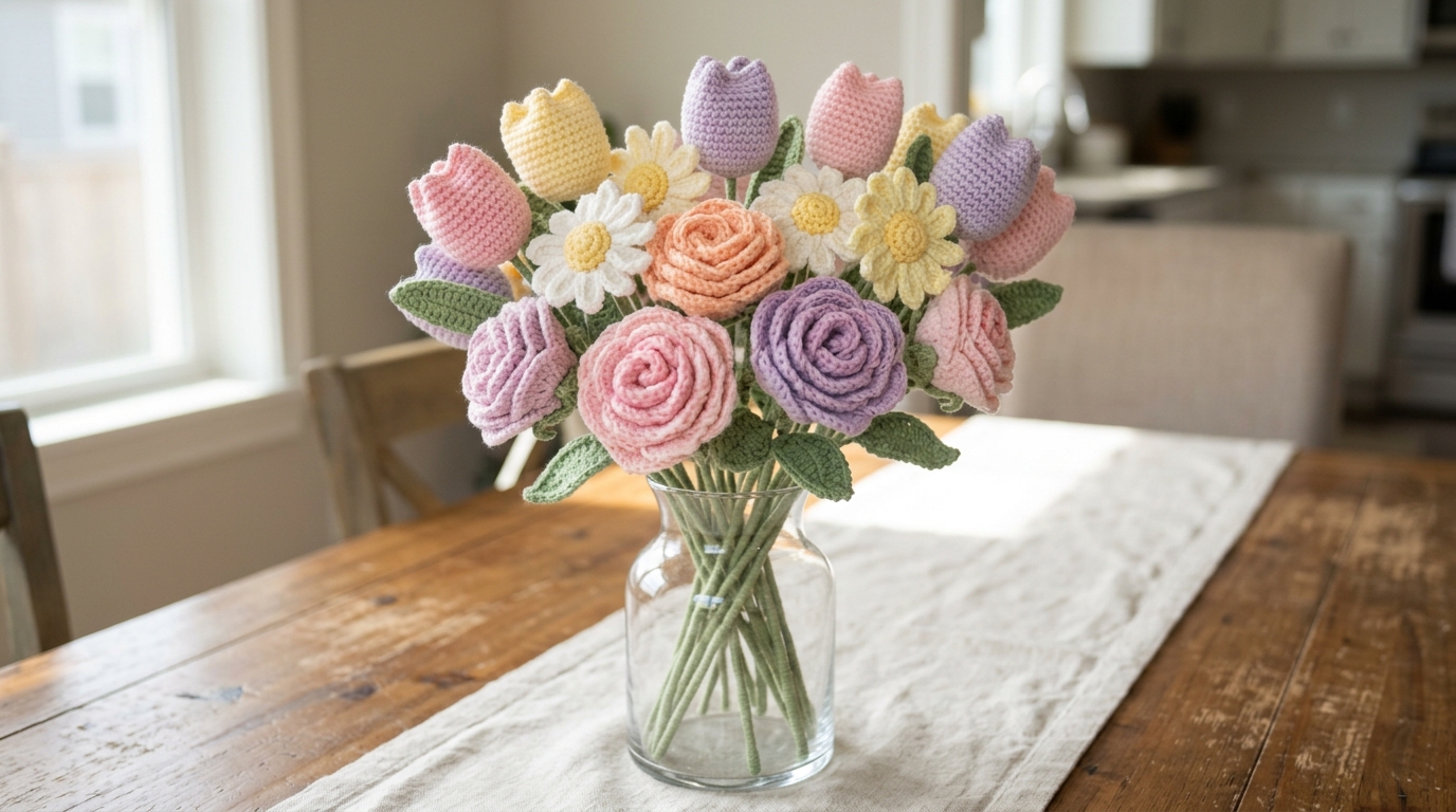 Crochet flower bouquet of tulips, daisies and roses in a glass vase on a dining table