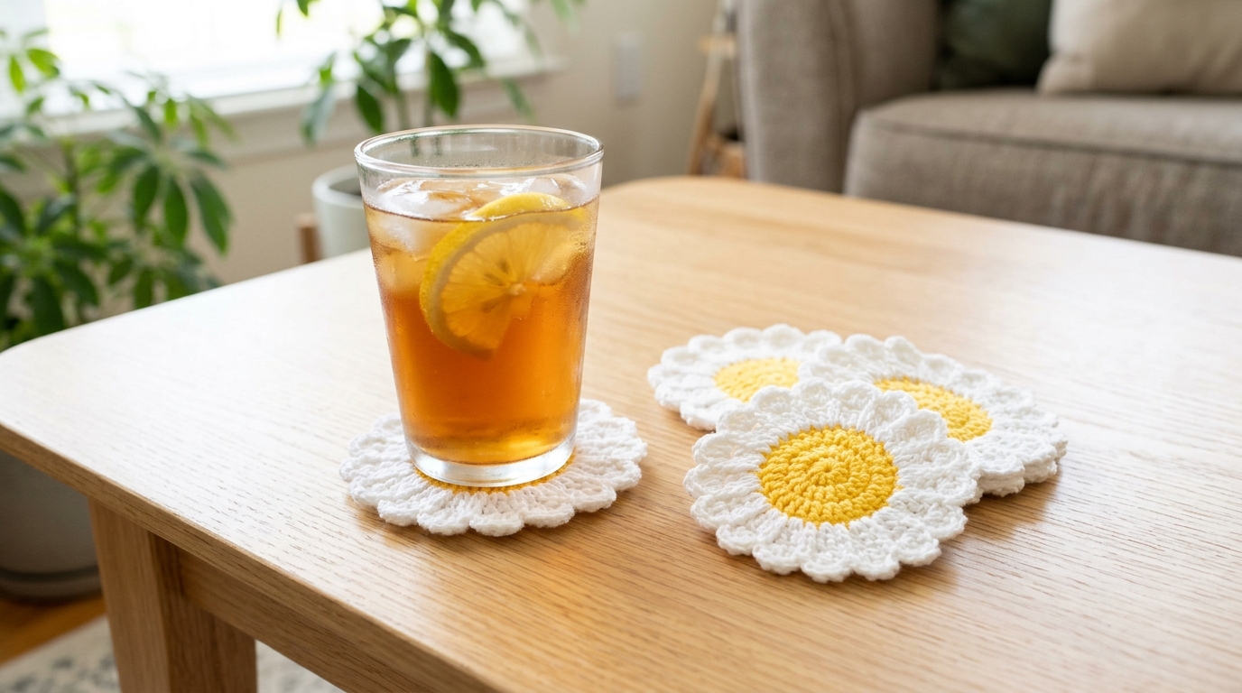 Crochet home decor daisy coasters with white petals and yellow centers on a coffee table