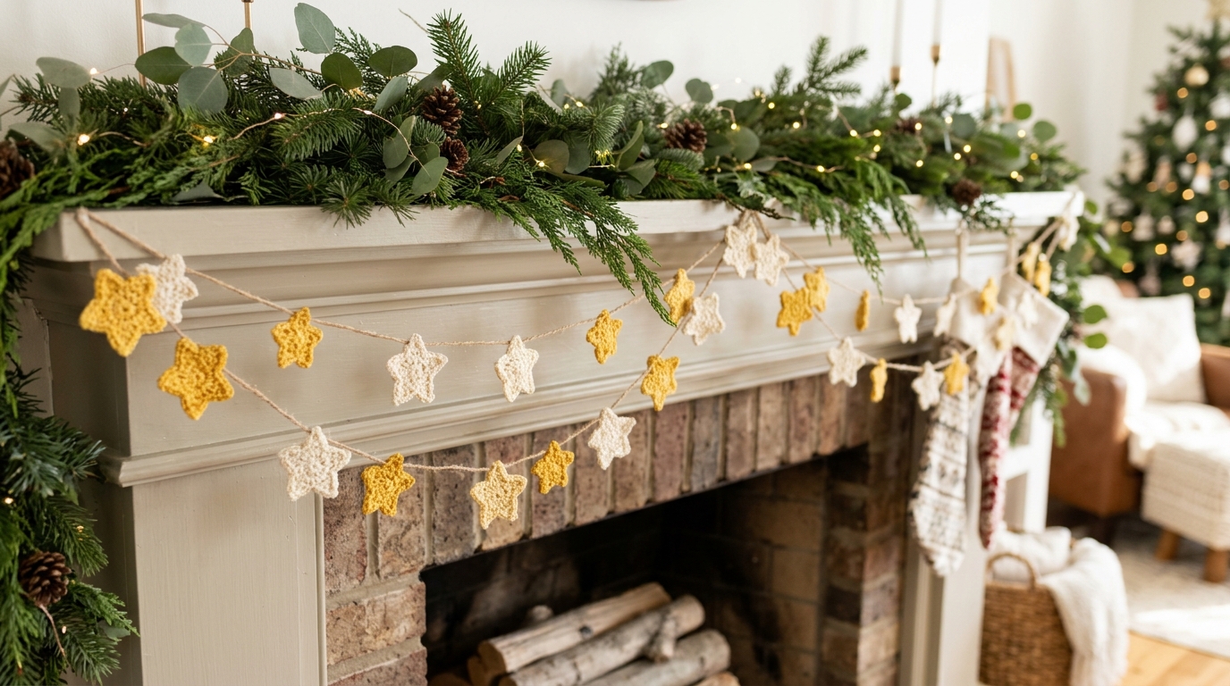 Crochet garland of small yellow and white stars strung across a holiday mantel