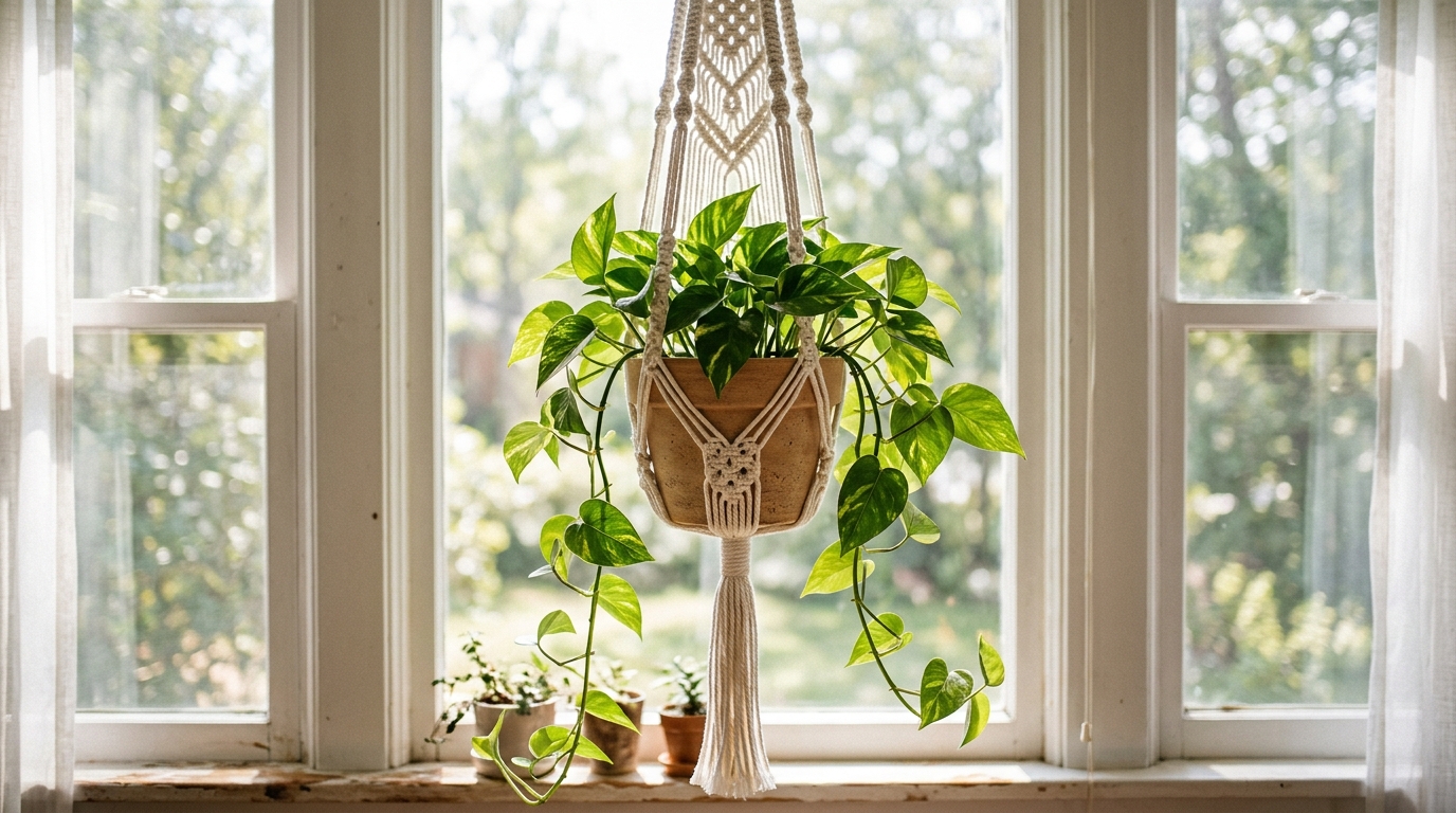 White crochet plant hanger holding a terracotta pot with a trailing pothos by a window