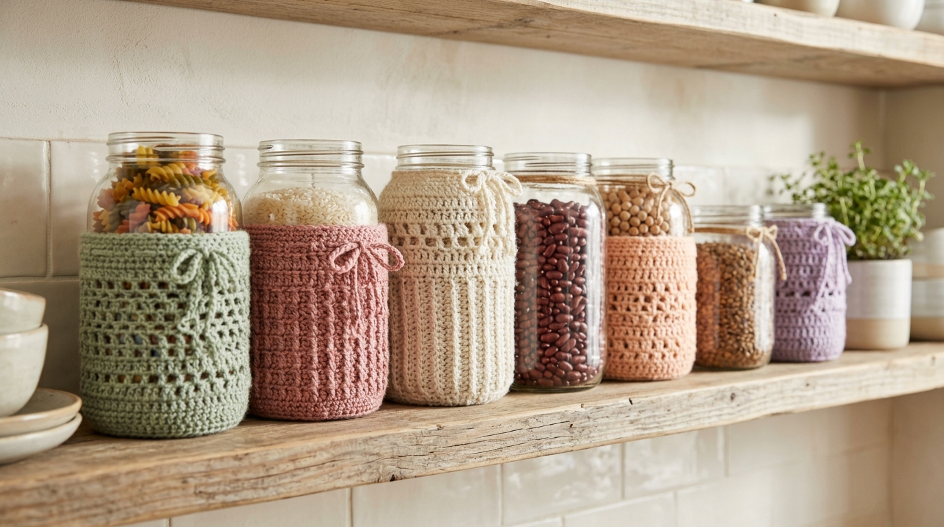 Pantry glass jars with soft colored crochet jar covers filled with pasta, rice and beans on a shelf