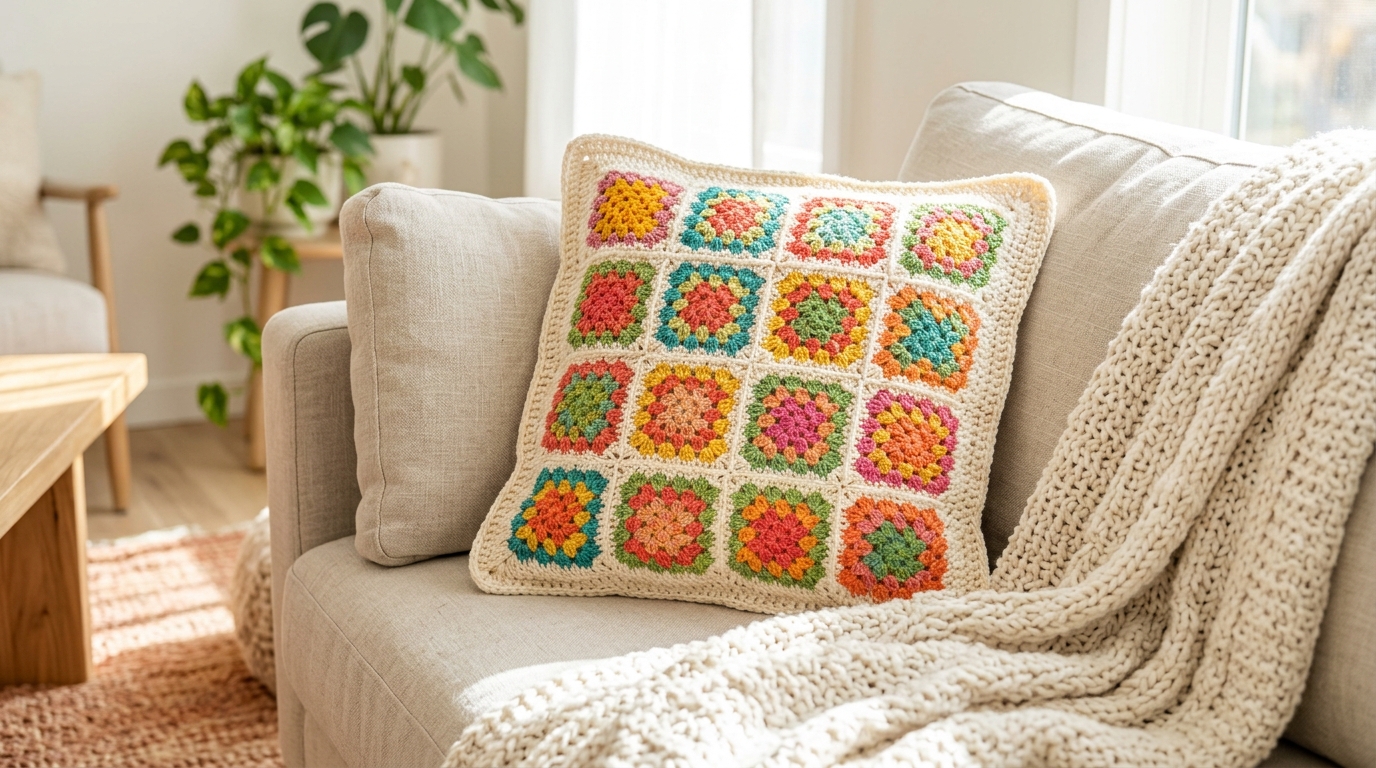Crochet home decor granny square pillow cover in bright colors on a linen sofa