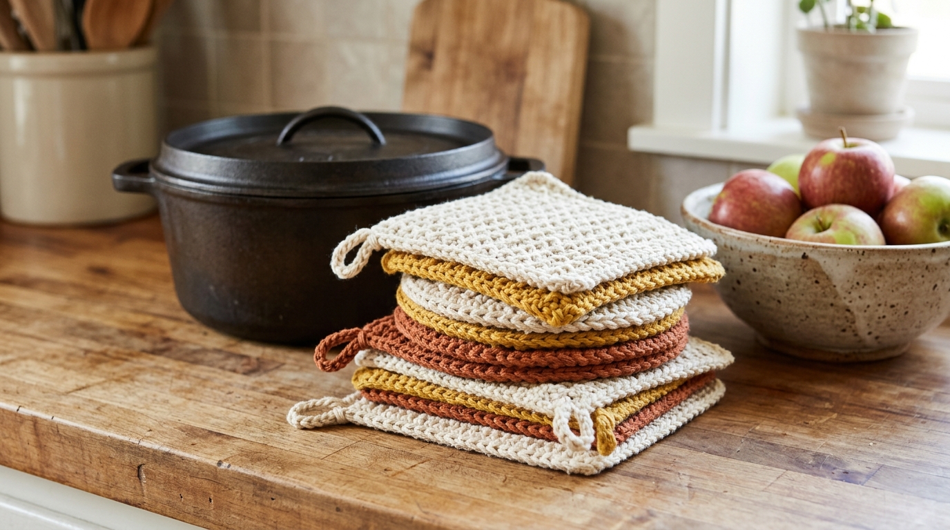 Stack of colorful crochet pot holders and round trivets on a wooden kitchen counter