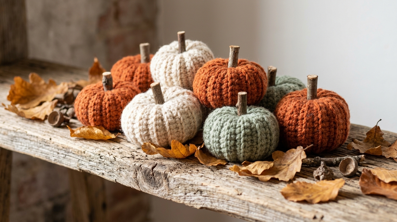 Soft crochet pumpkins in orange, cream and sage with wooden stems on a rustic shelf