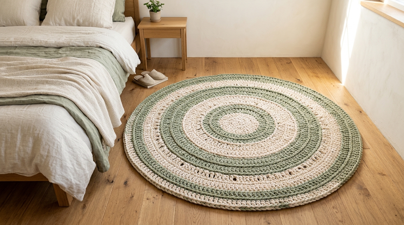 Crochet home decor round rug in cream and sage made of cotton cord on a wooden floor beside a bed