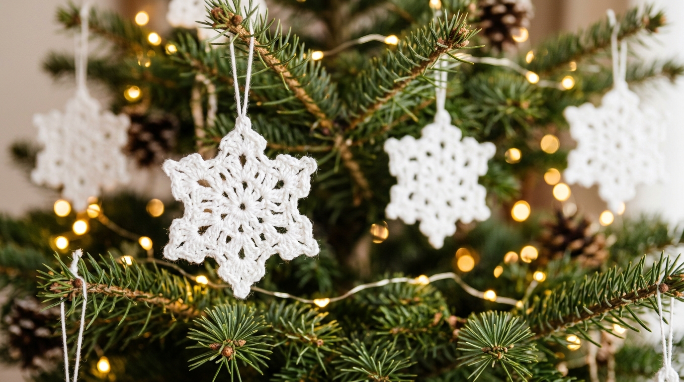 Delicate white crochet snowflake ornaments hanging on a Christmas tree with fairy lights