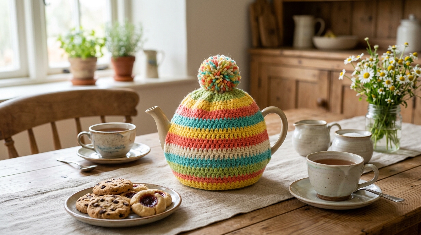 Striped crochet tea cozy covering a teapot on a kitchen table with cups and cookies