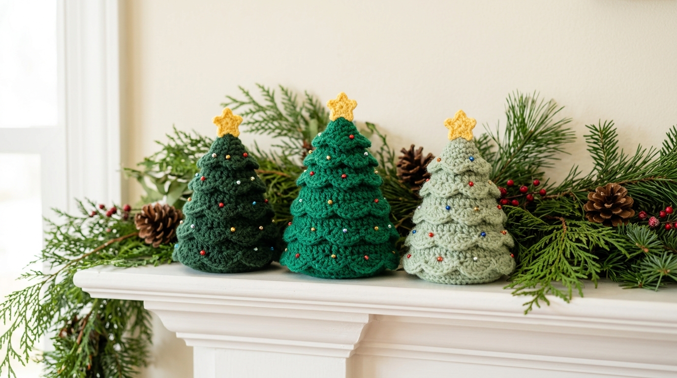 Three small green crochet Christmas trees with bead ornaments on a white mantel