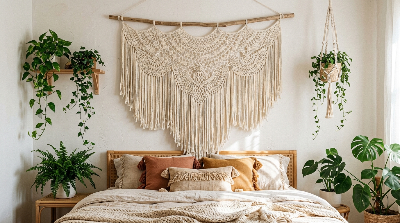 Crochet home decor boho wall hanging with a lacy panel and long cream fringe on a wooden dowel above a bed