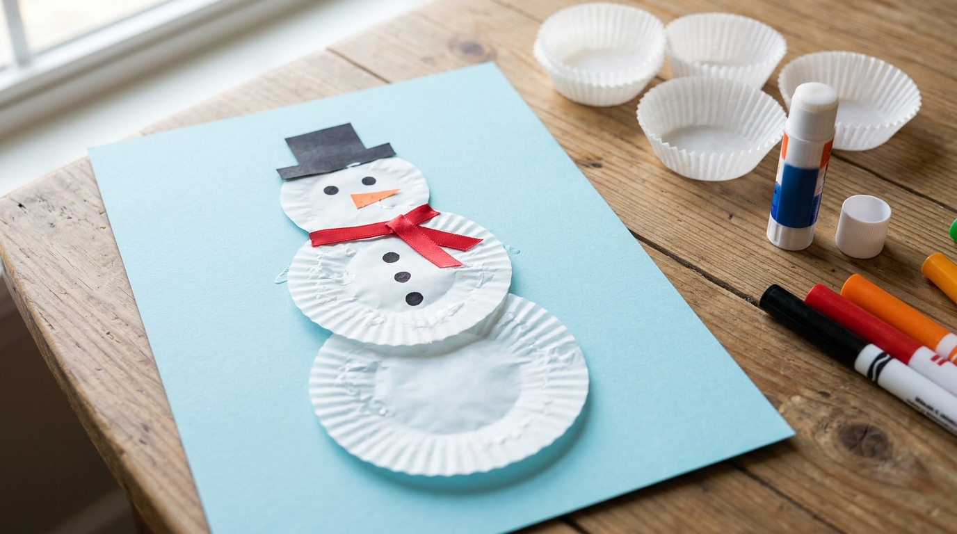 Snowman made of three flat white cupcake liners on light blue card