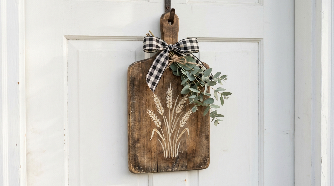 A wooden cutting board painted with a wheat design and tied with a buffalo check bow on a white door