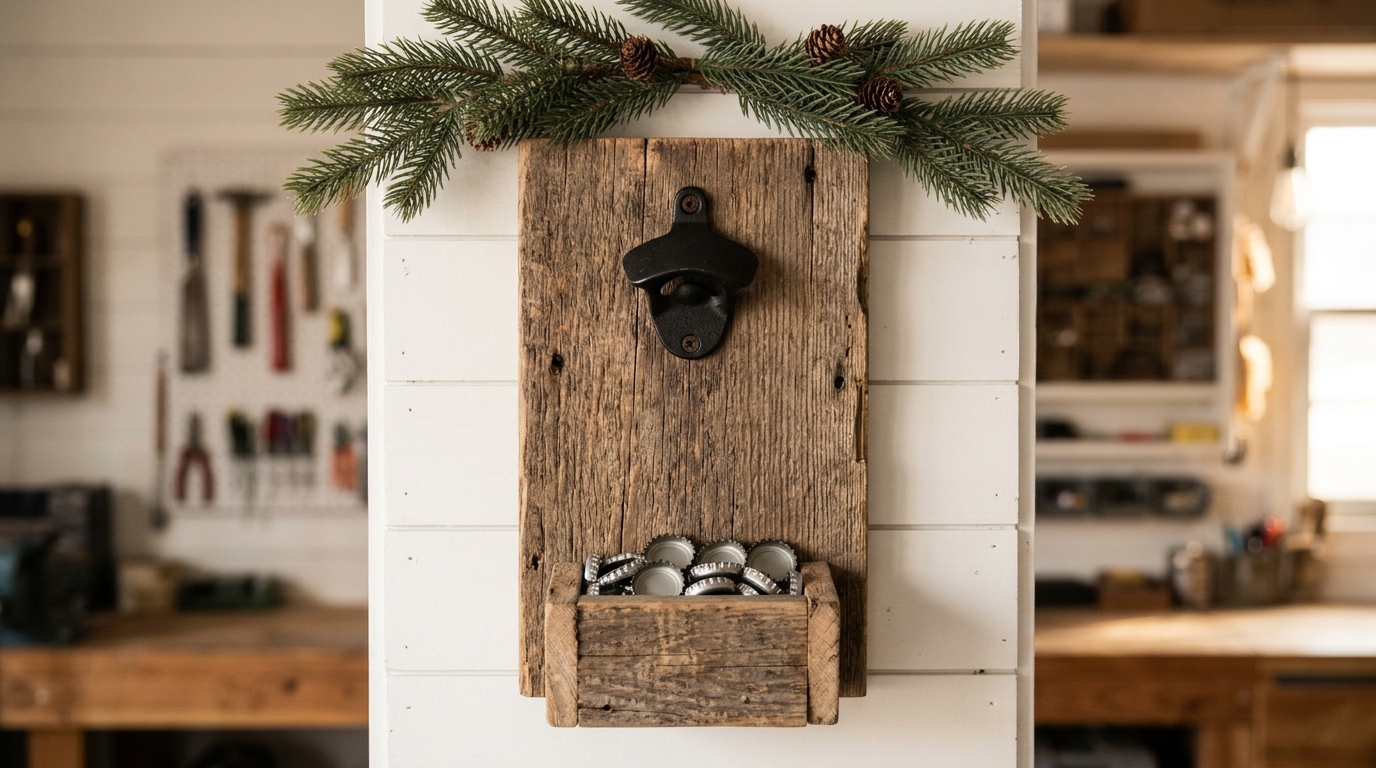 Reclaimed wood bottle opener plaque with a cap catcher box