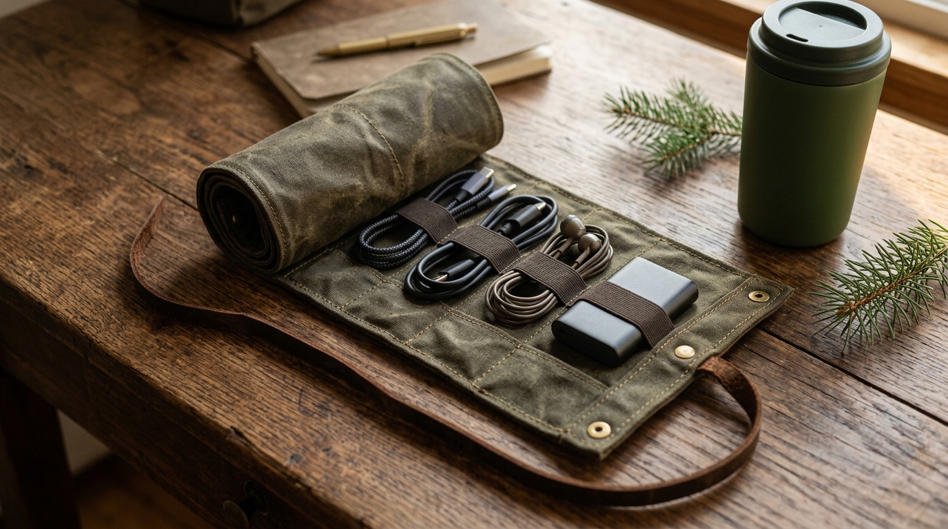 DIY gifts for dad: waxed canvas cord organizer roll with cables and a power bank