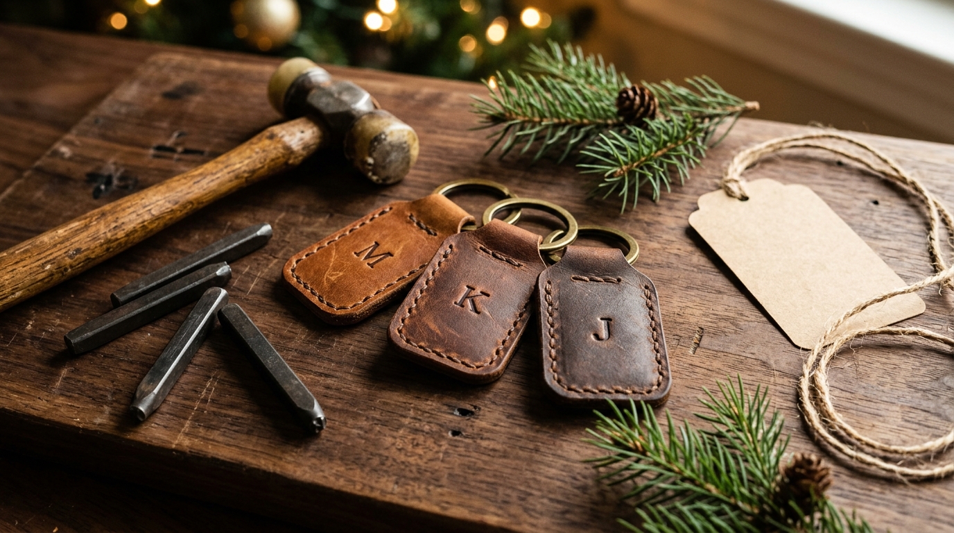 DIY gifts for dad: brown leather key fobs stamped with initials