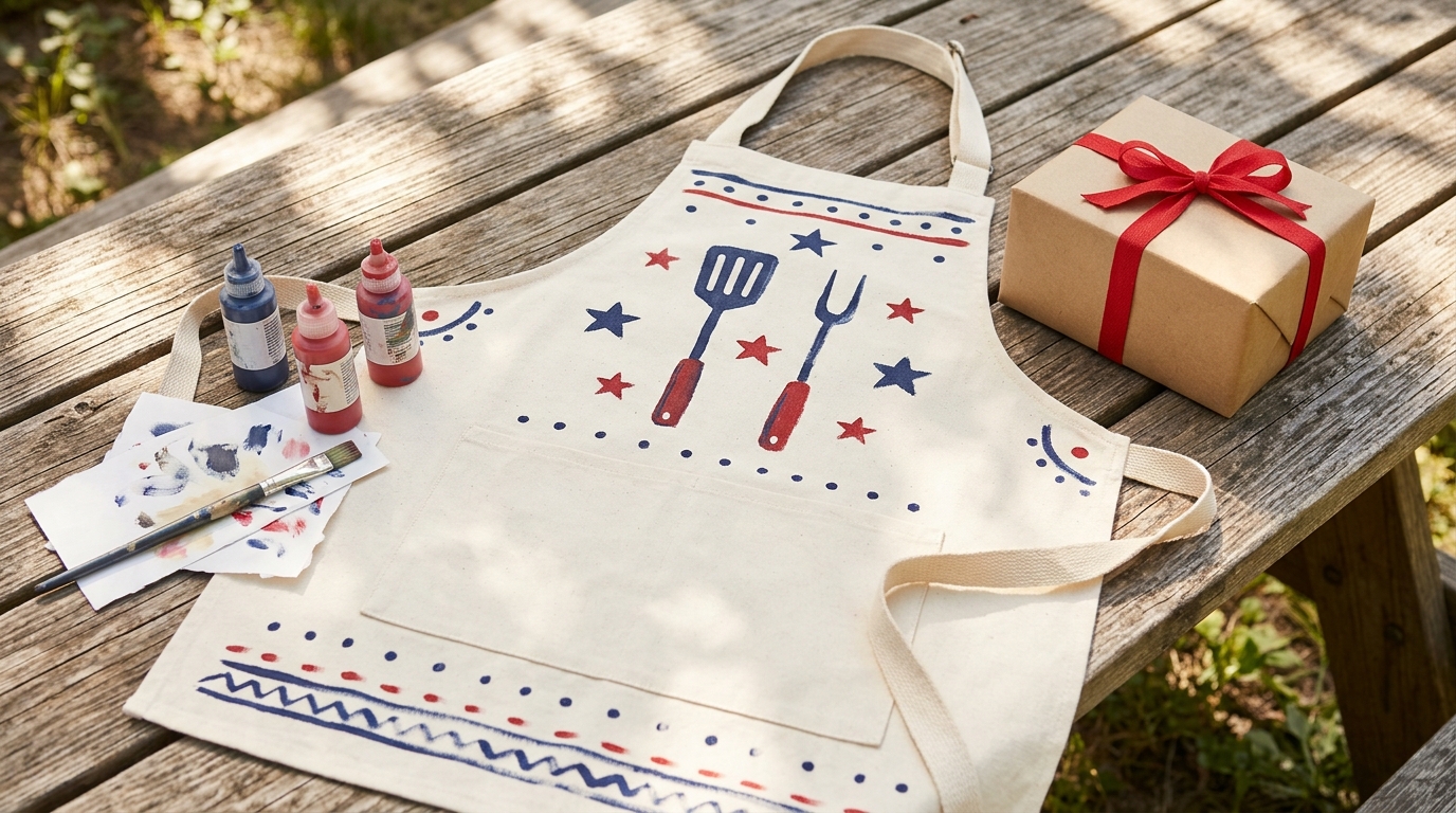 DIY gifts for dad: canvas grill apron painted with stars and grill tools