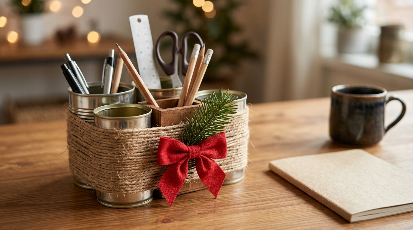 Tin cans wrapped in jute rope as a desk organizer with a red bow