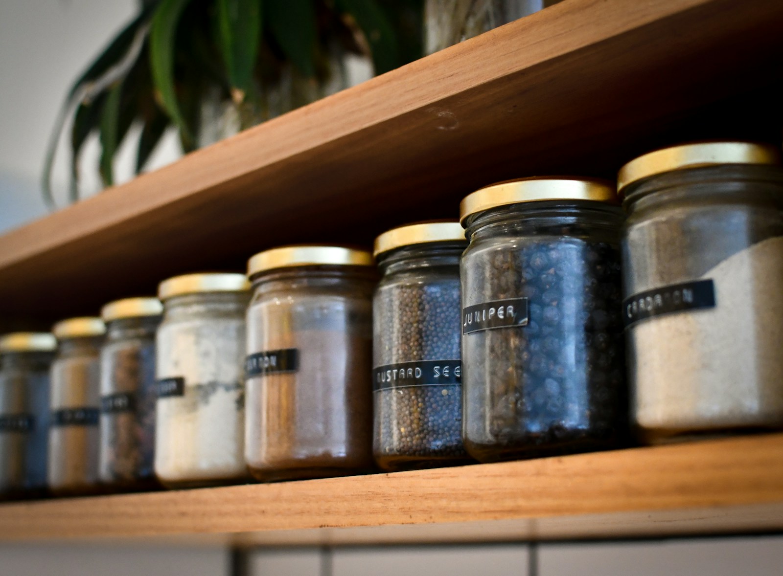DIY gifts for dad: glass spice jars with gold lids on a wooden shelf