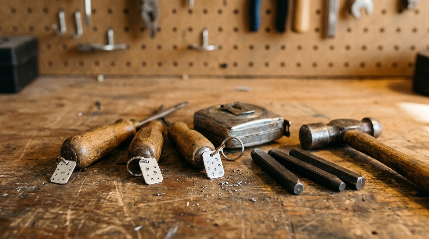 Hand stamped metal tags tied to wooden handled screwdrivers