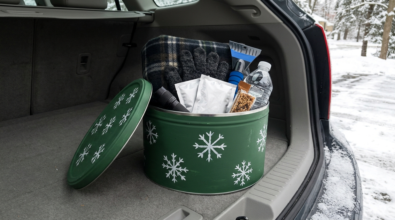 Winter car emergency kit packed in a green painted tin with snowflakes