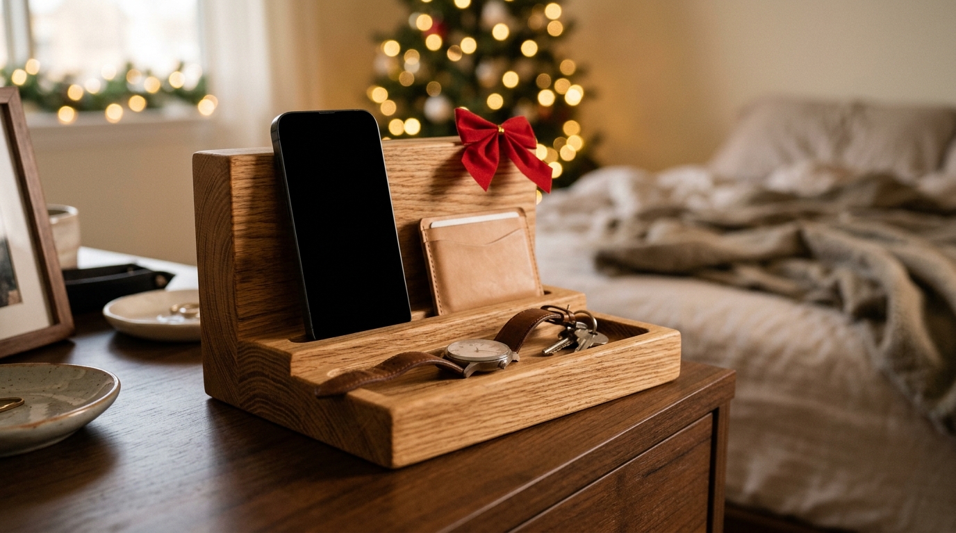 Handmade oak docking station holding a phone, wallet and watch
