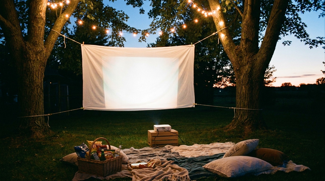 White sheet movie screen hung between trees with blankets and pillows on the grass