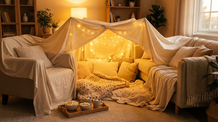 Date Night at Home blanket fort glowing with fairy lights, pillows, popcorn and two mugs
