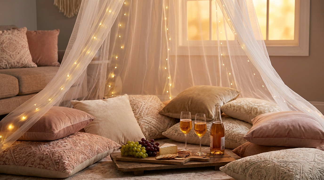 Date night at home floor picnic under a sheer curtain canopy with cushions