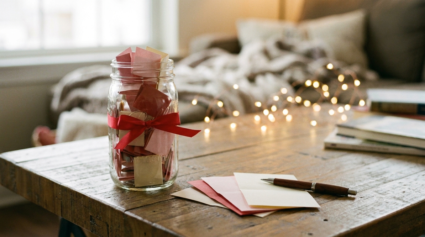 Date night at home love note jar filled with folded colorful notes