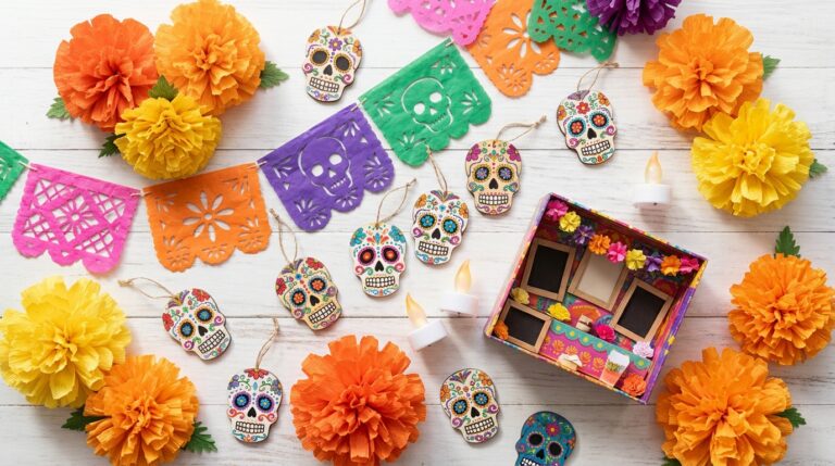 Day of the dead crafts on a white table with paper marigolds, papel picado, sugar skull ornaments and a shoebox altar
