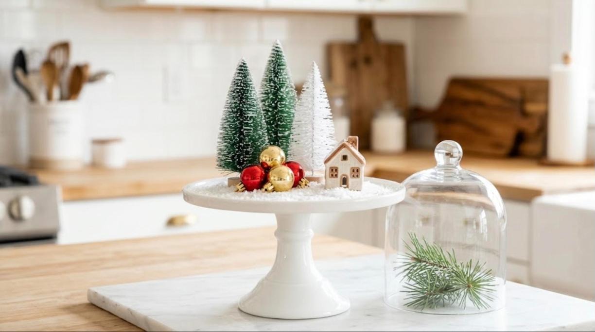 Christmas decorating hacks for the kitchen, a cake stand styled with mini bottle brush trees and ornaments