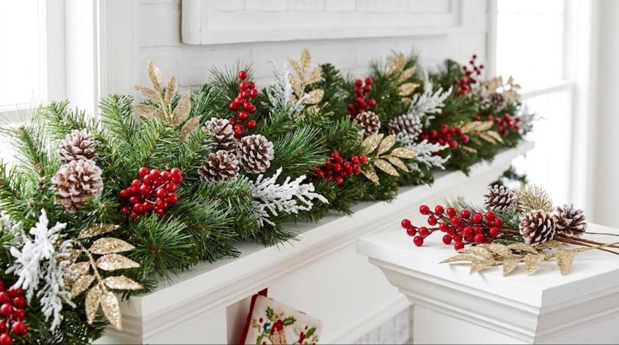 Plain pine garland on a mantel filled out with red berry picks, frosted pine cones and gold leaf sprays