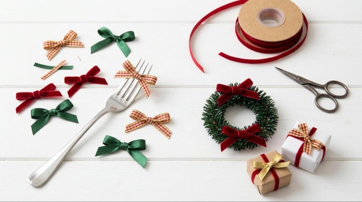 Christmas decorating hacks idea, tiny red velvet, green satin and gingham bows made with a dinner fork