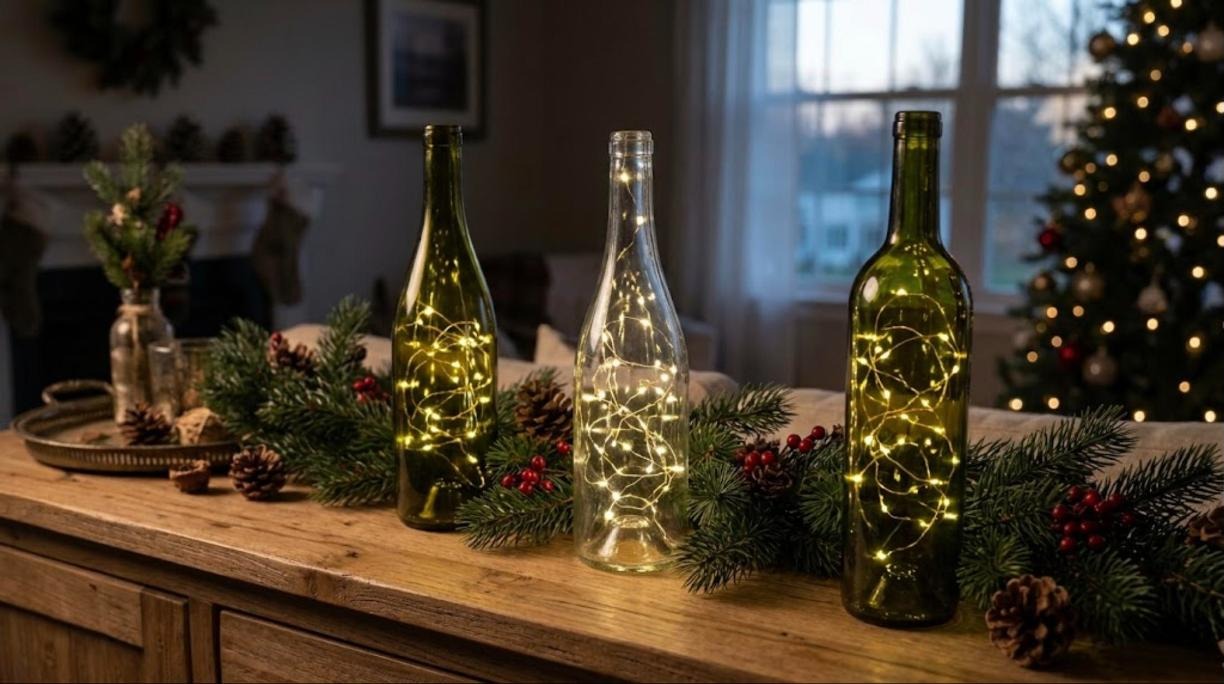 Recycled green and clear wine bottles filled with glowing battery fairy lights on a sideboard with pine